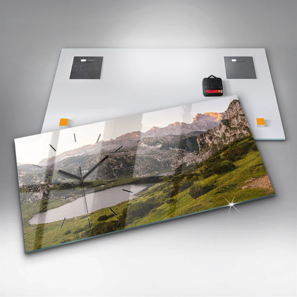 Glass wall clock rectangular Lake and Pyrenees Mountains