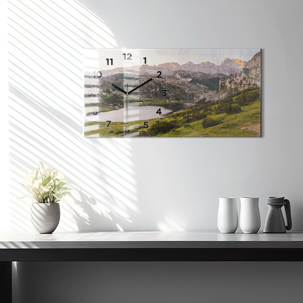 Glass wall clock rectangular Lake and Pyrenees Mountains