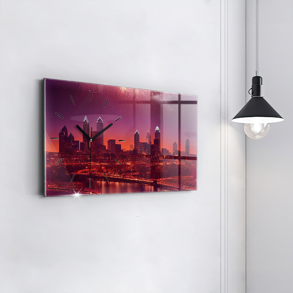 Glass wall clock rectangular Philadelphia City at Night