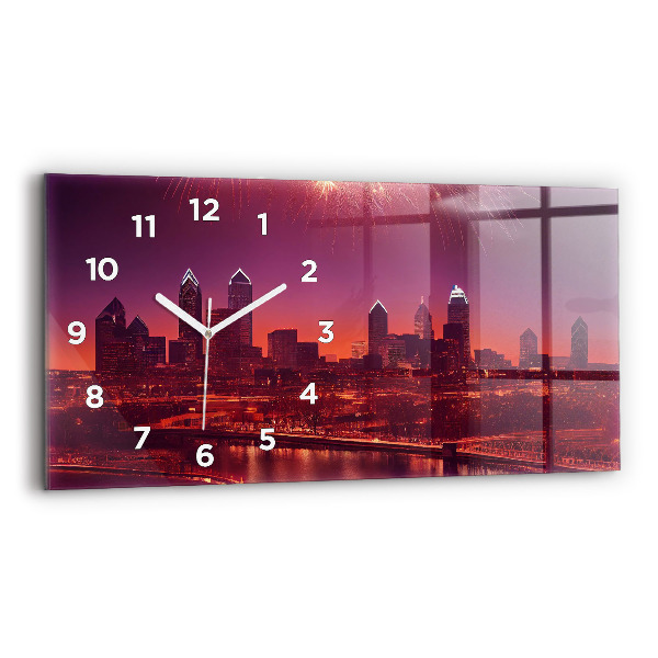 Glass wall clock rectangular Philadelphia City at Night