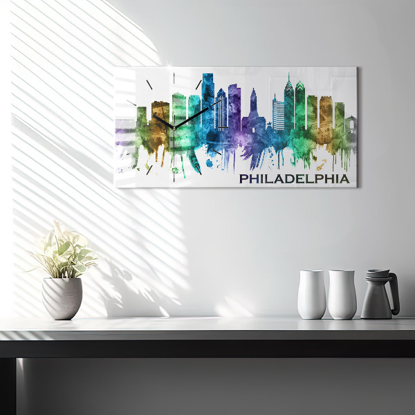 Glass wall clock rectangular Colorful Philadelphia