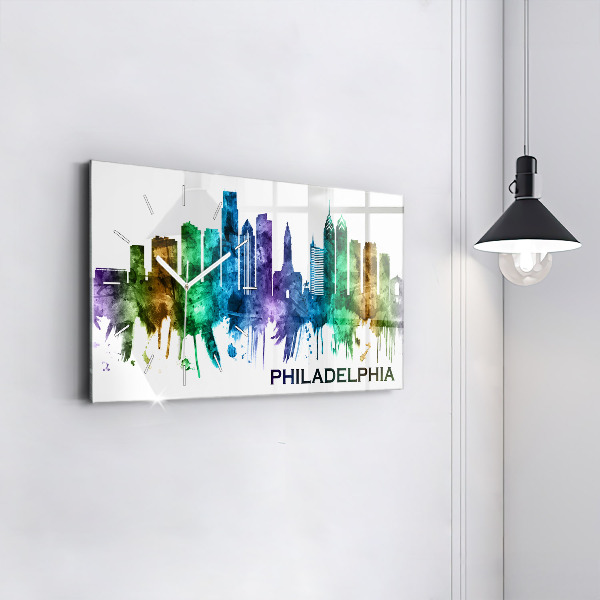 Glass wall clock rectangular Colorful Philadelphia