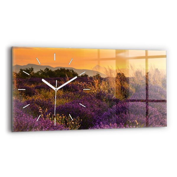 Glass wall clock rectangular Lavender meadow France