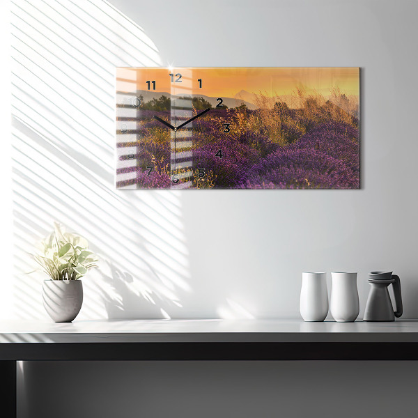 Glass wall clock rectangular Lavender meadow France