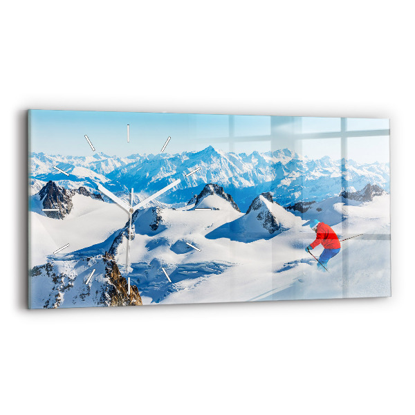 Glass wall clock rectangular Skier in the Alps