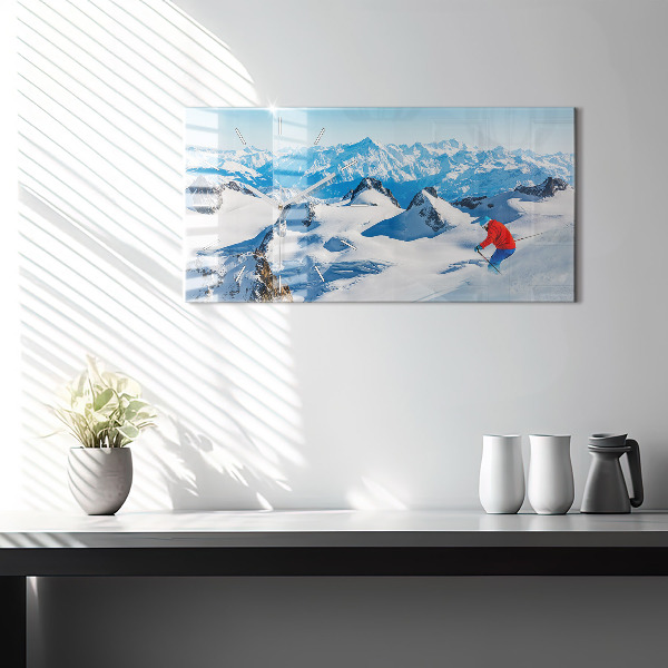 Glass wall clock rectangular Skier in the Alps