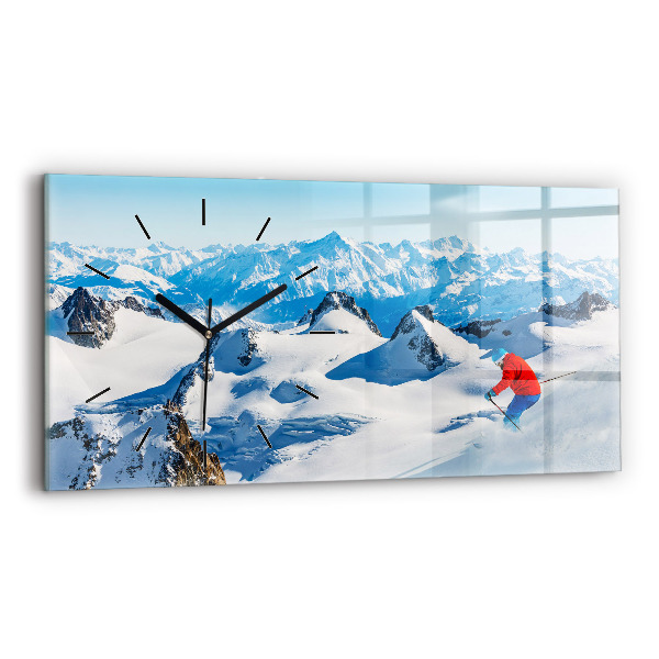 Glass wall clock rectangular Skier in the Alps