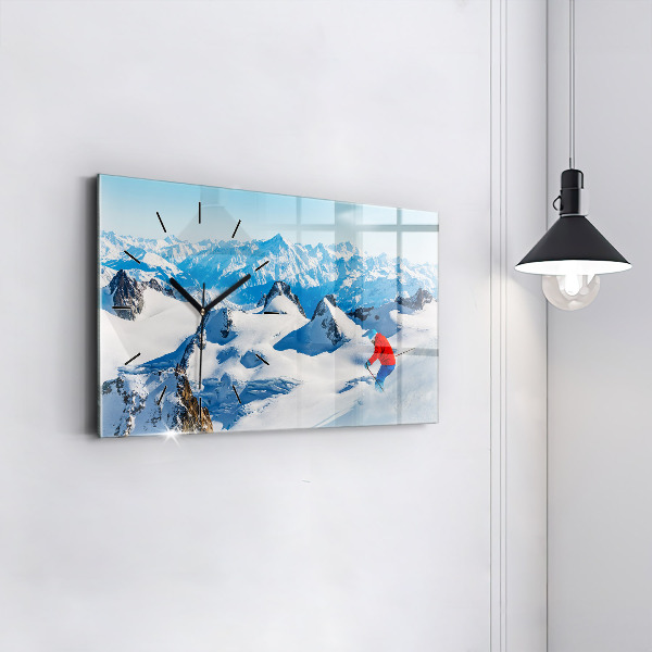 Glass wall clock rectangular Skier in the Alps