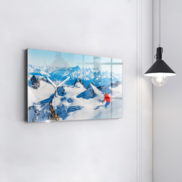 Glass wall clock rectangular Skier in the Alps