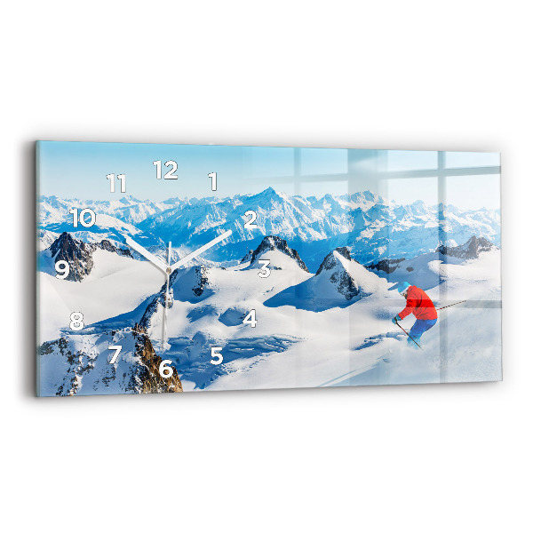 Glass wall clock rectangular Skier in the Alps