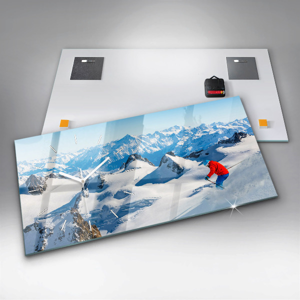 Glass wall clock rectangular Skier in the Alps