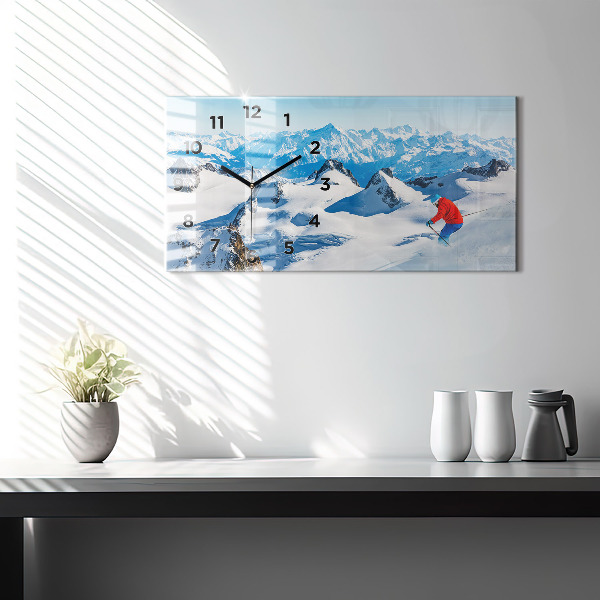 Glass wall clock rectangular Skier in the Alps