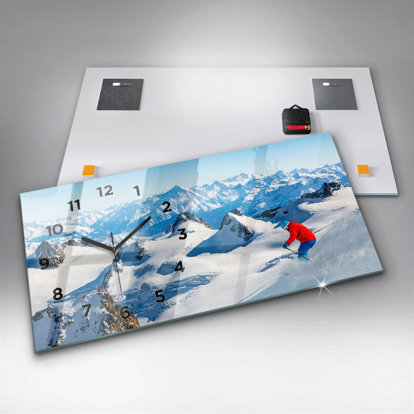 Glass wall clock rectangular Skier in the Alps