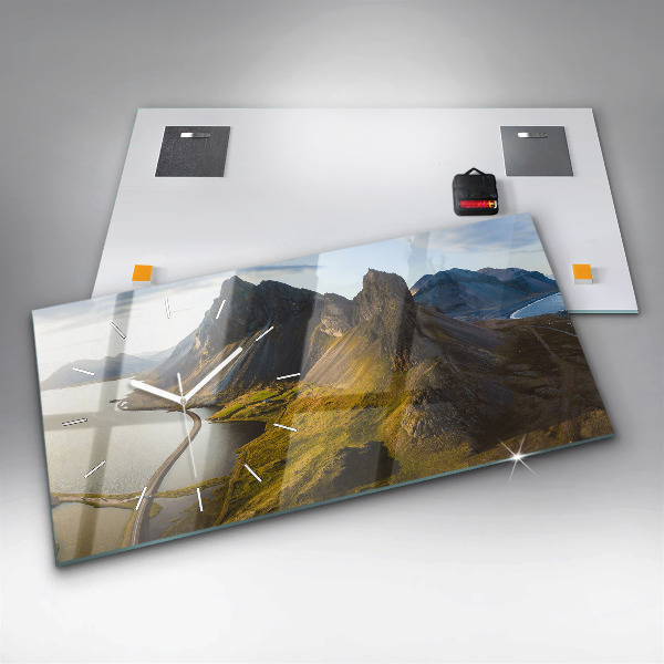 Glass wall clock rectangular Road in Iceland