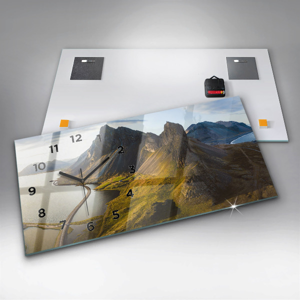 Glass wall clock rectangular Road in Iceland
