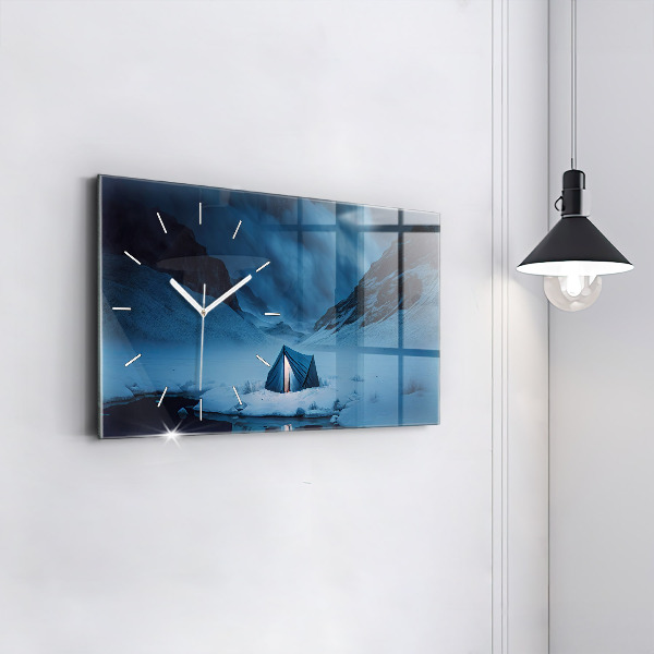 Glass wall clock rectangular Tent in the mountains of Iceland
