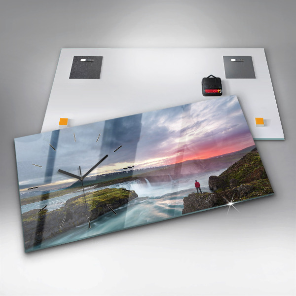 Glass wall clock rectangular Landscape with a waterfall