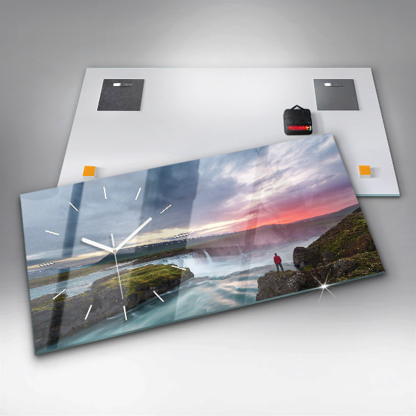 Glass wall clock rectangular Landscape with a waterfall