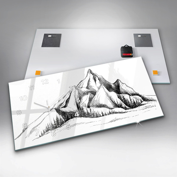 Glass wall clock rectangular Drawn mountains