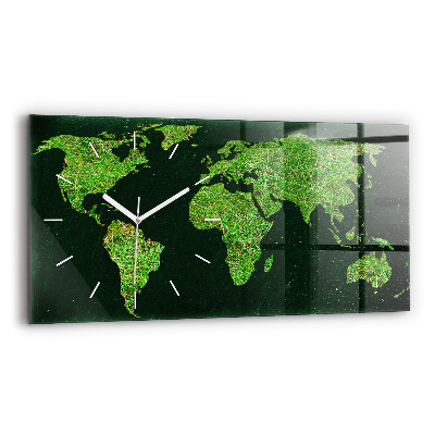 Glass wall clock rectangular Grass world map