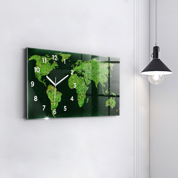 Glass wall clock rectangular Grass world map