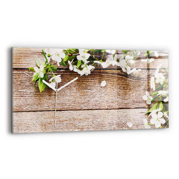 Glass wall clock rectangular Flowers on wood