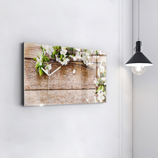 Glass wall clock rectangular Flowers on wood