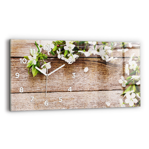 Glass wall clock rectangular Flowers on wood