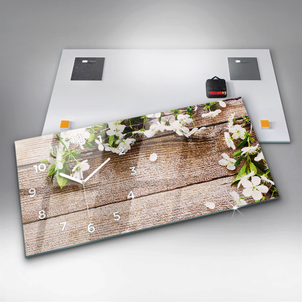 Glass wall clock rectangular Flowers on wood