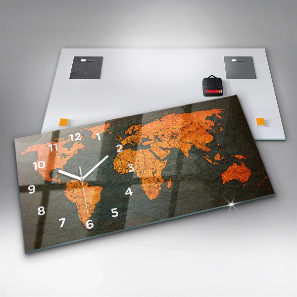 Glass wall clock rectangular World map