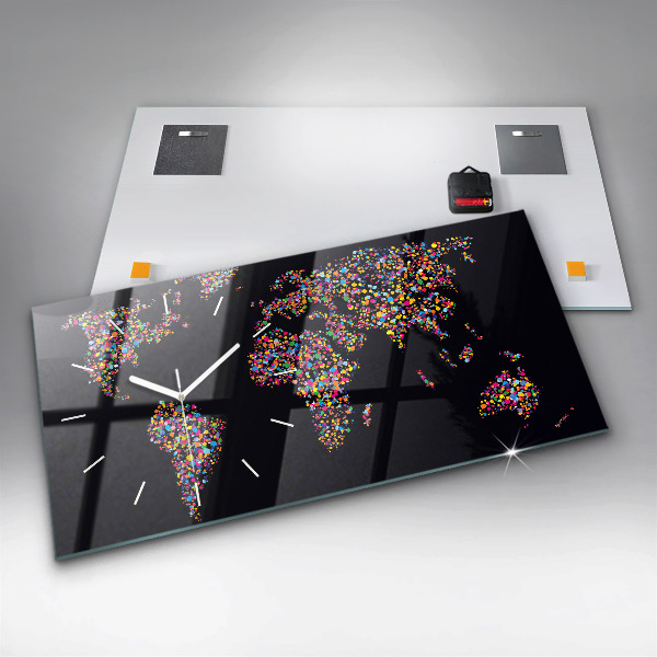 Glass wall clock rectangular World map made of dots