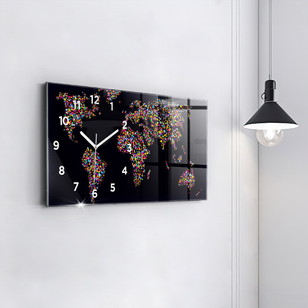 Glass wall clock rectangular World map made of dots