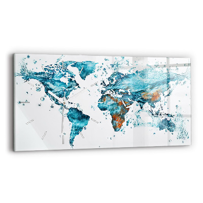 Glass wall clock rectangular Water map of the world