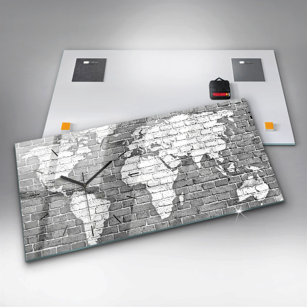 Glass wall clock rectangular World map on the wall
