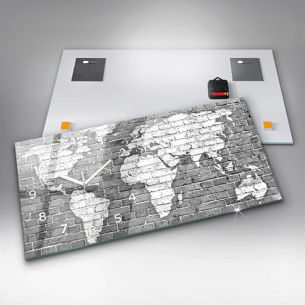 Glass wall clock rectangular World map on the wall