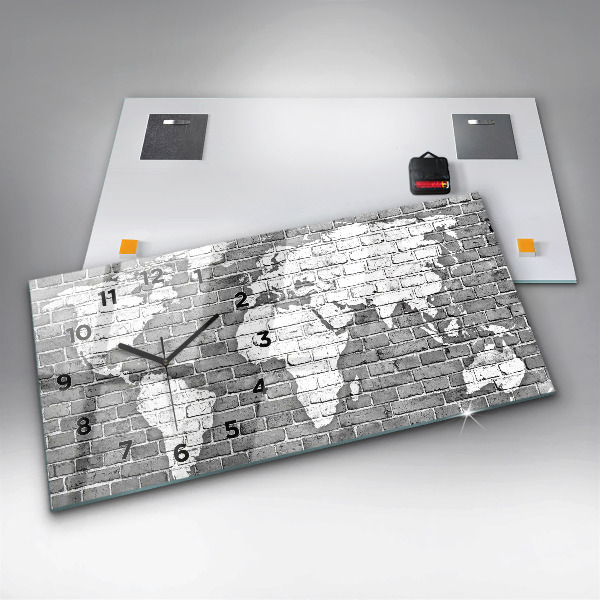 Glass wall clock rectangular World map on the wall
