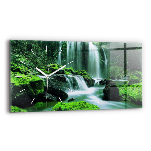 Glass wall clock rectangular Waterfall among the moss
