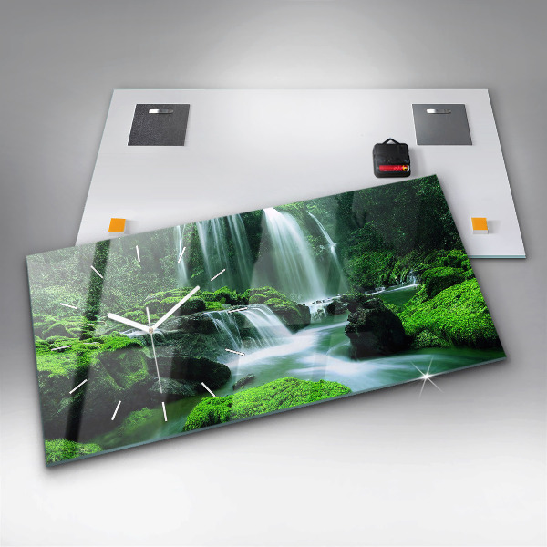 Glass wall clock rectangular Waterfall among the moss