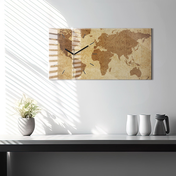 Glass wall clock rectangular Vintage world map