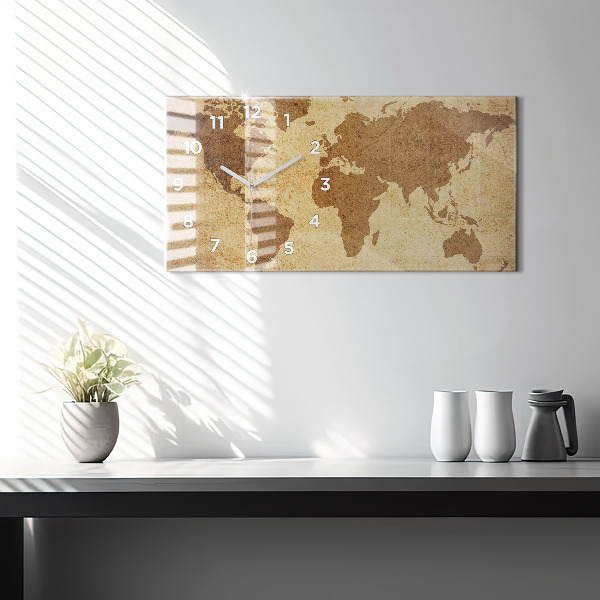 Glass wall clock rectangular Vintage world map
