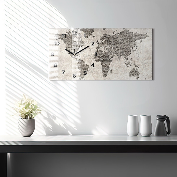 Glass wall clock rectangular World map newspaper