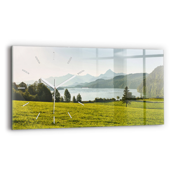 Glass wall clock rectangular Mountains and field