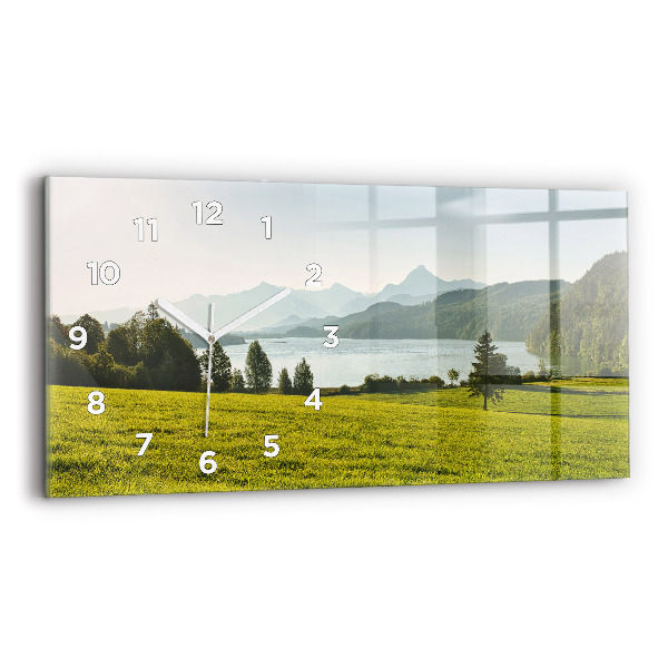 Glass wall clock rectangular Mountains and field
