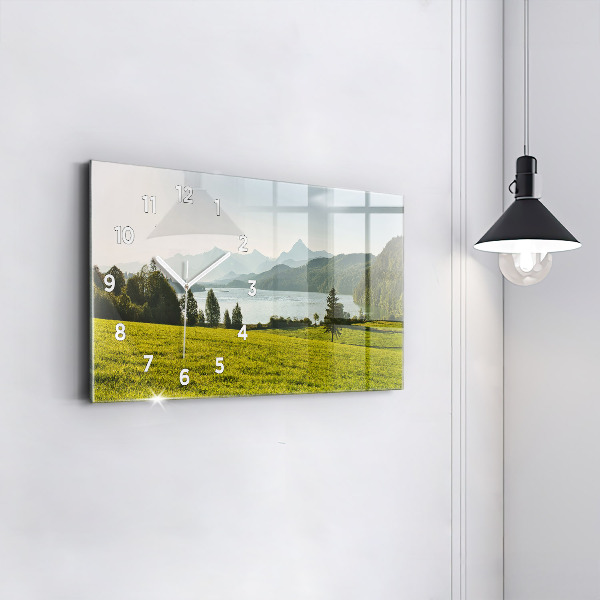 Glass wall clock rectangular Mountains and field
