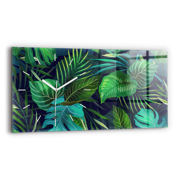 Glass wall clock rectangular Exotic leaves