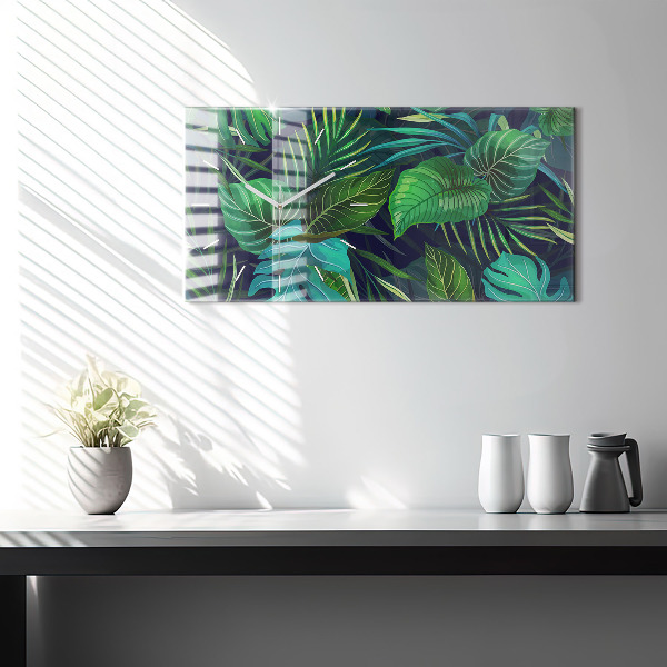 Glass wall clock rectangular Exotic leaves