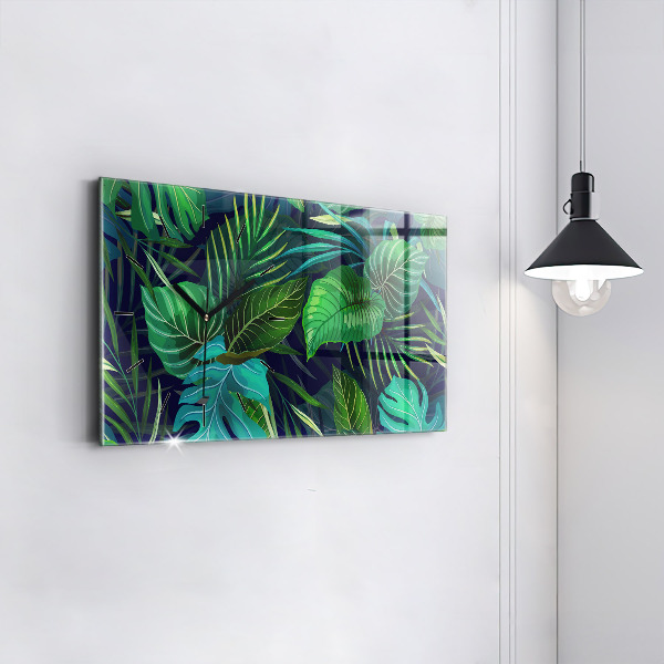 Glass wall clock rectangular Exotic leaves