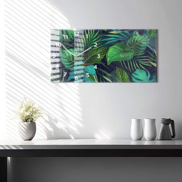 Glass wall clock rectangular Exotic leaves