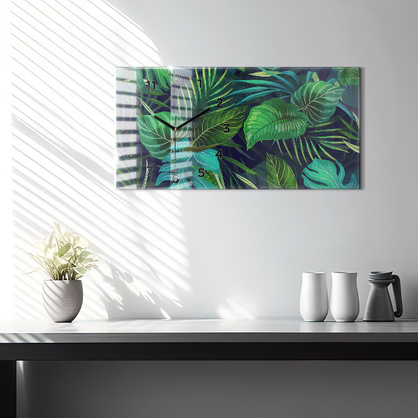 Glass wall clock rectangular Exotic leaves