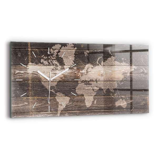 Glass wall clock rectangular World map on wood